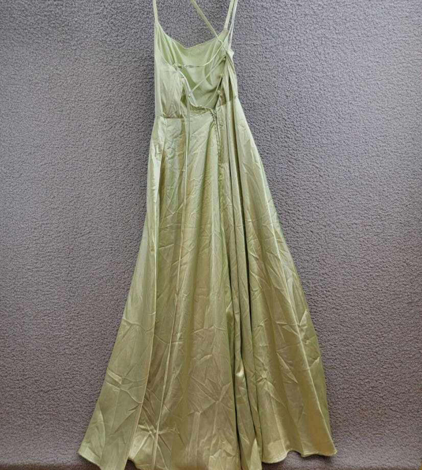 Speechless Satin Front-Slit Lace-Up Gown Juniors' 5 Pistachio Back Zip Closure