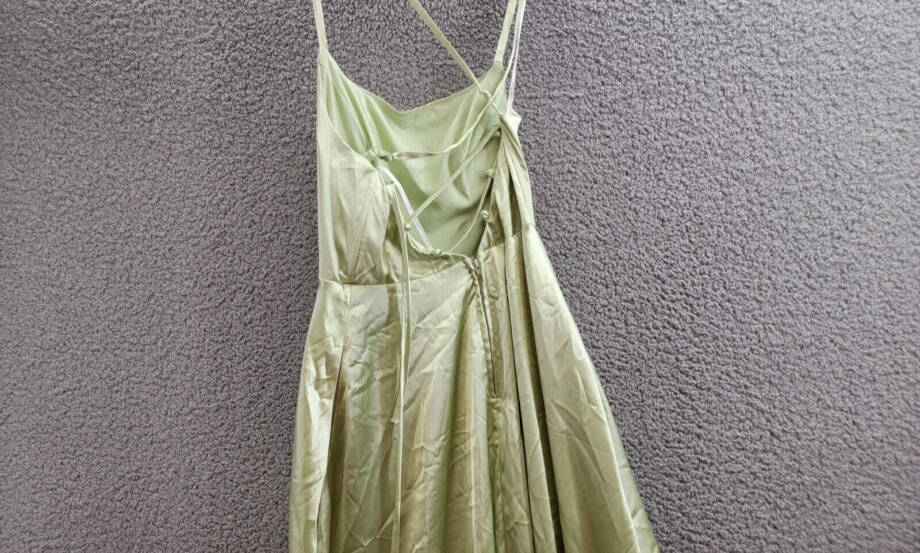 Speechless Satin Front-Slit Lace-Up Gown Juniors' 5 Pistachio Back Zip Closure