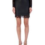 Bcbg New York Faux-Leather Lace-Hem Skirt Women's L Onyx Back Zip Closure