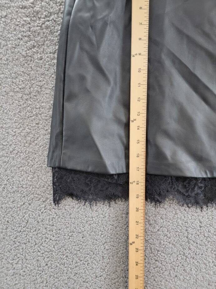 Bcbg New York Faux-Leather Lace-Hem Skirt Women's L Onyx Back Zip Closure