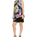 SLNY Printed Asymmetrical Overlay Dress Women's 12 Multi Round Neck Back Zip