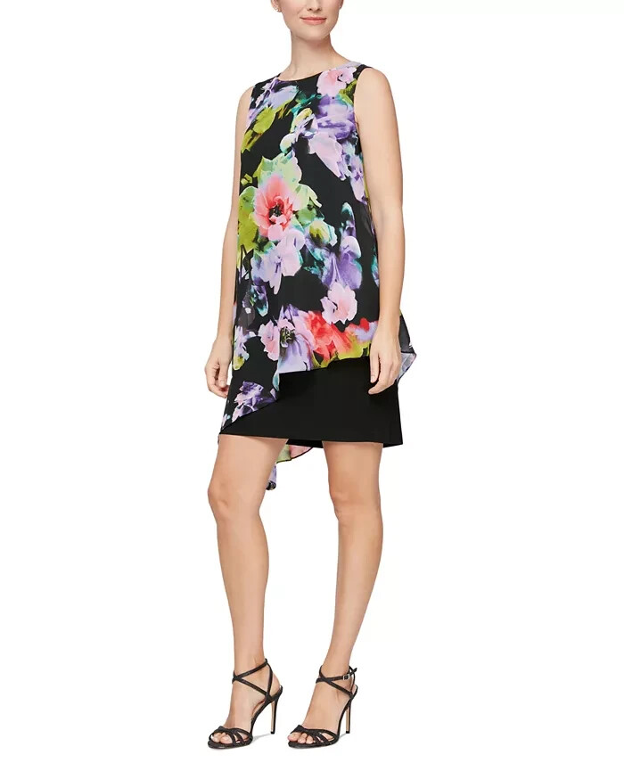 SLNY Printed Asymmetrical Overlay Dress Women's 12 Multi Round Neck Back Zip