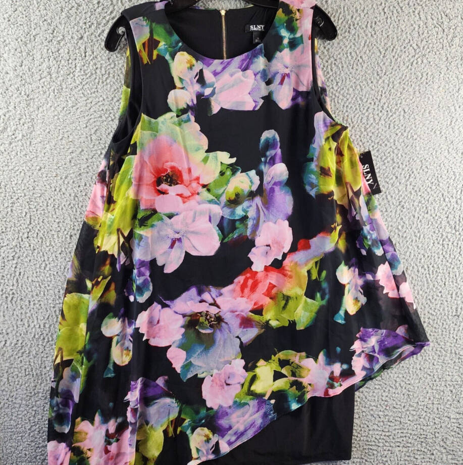 SLNY Printed Asymmetrical Overlay Dress Women's 12 Multi Round Neck Back Zip