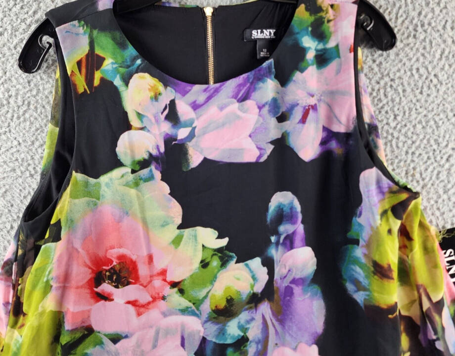 SLNY Printed Asymmetrical Overlay Dress Women's 12 Multi Round Neck Back Zip
