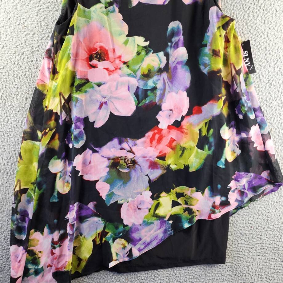 SLNY Printed Asymmetrical Overlay Dress Women's 12 Multi Round Neck Back Zip