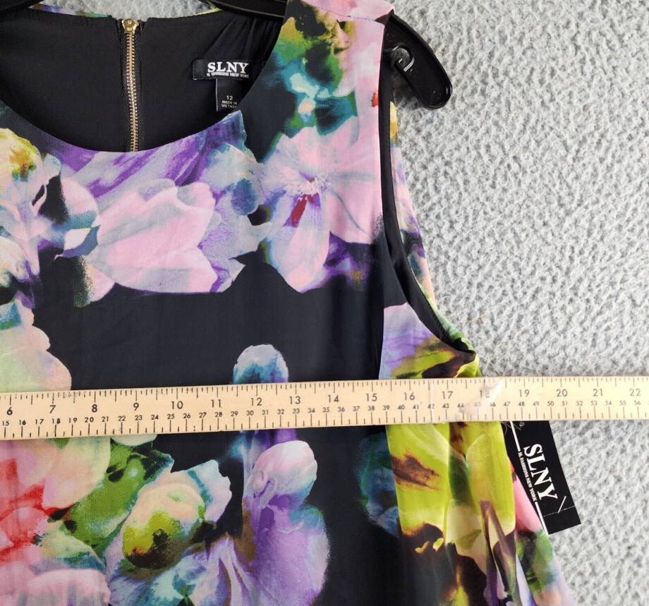 SLNY Printed Asymmetrical Overlay Dress Women's 12 Multi Round Neck Back Zip