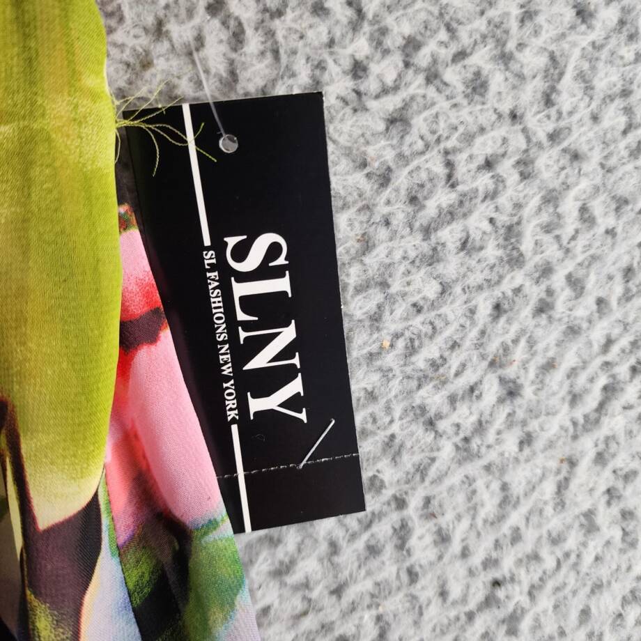 SLNY Printed Asymmetrical Overlay Dress Women's 12 Multi Round Neck Back Zip