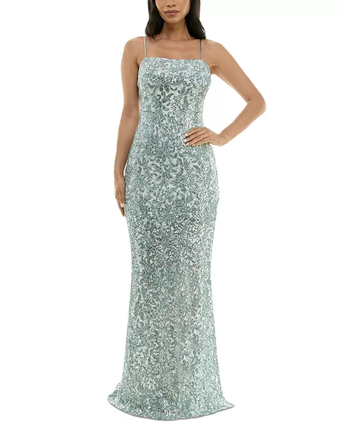 Emerald Sundae Sequined Lace Side-Slit Gown Juniors' S Sage Straight Neck Zipped