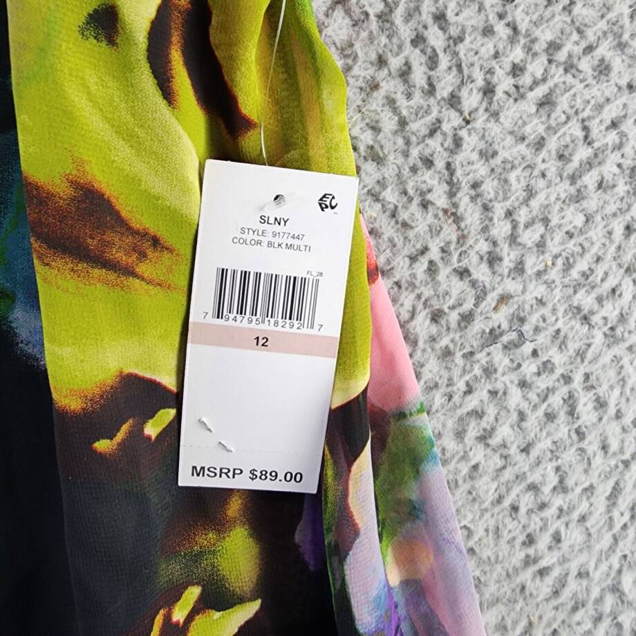 SLNY Printed Asymmetrical Overlay Dress Women's 12 Multi Round Neck Back Zip
