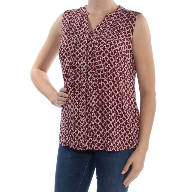 CHARTER CLUB Printed Ruffled Sleeveless Top Women's XL Cranberry V-Neck Pullover