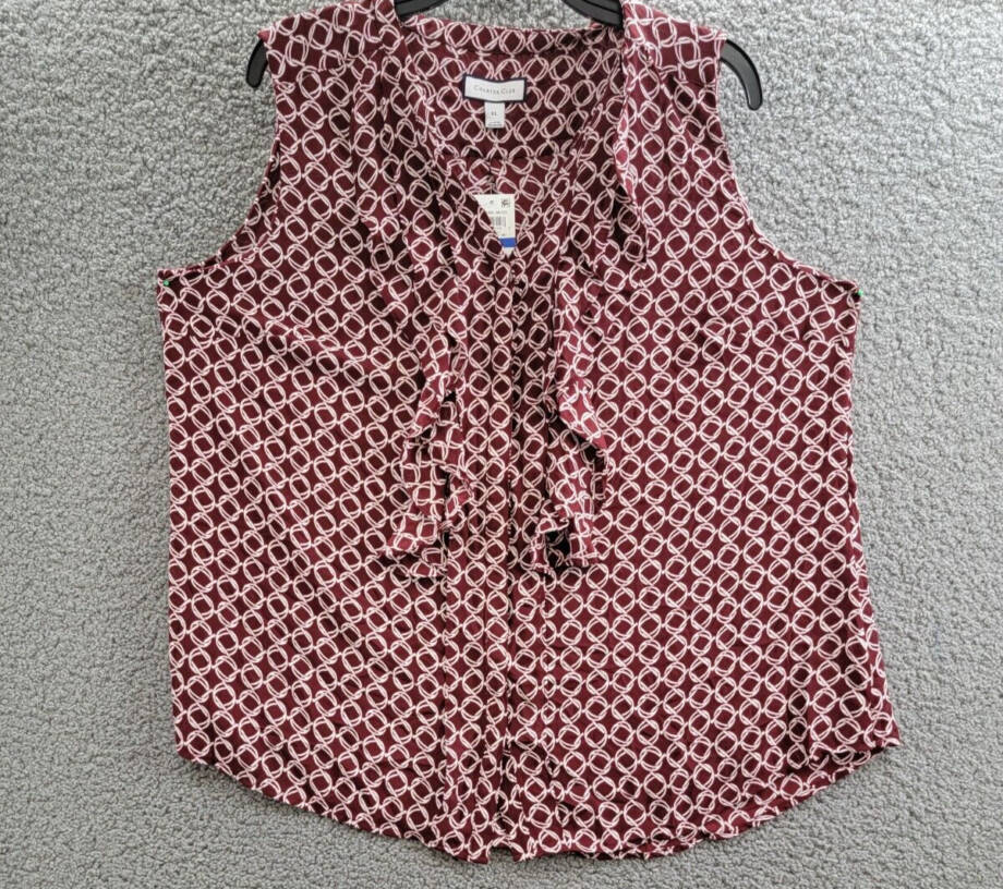 CHARTER CLUB Printed Ruffled Sleeveless Top Women's XL Cranberry V-Neck Pullover