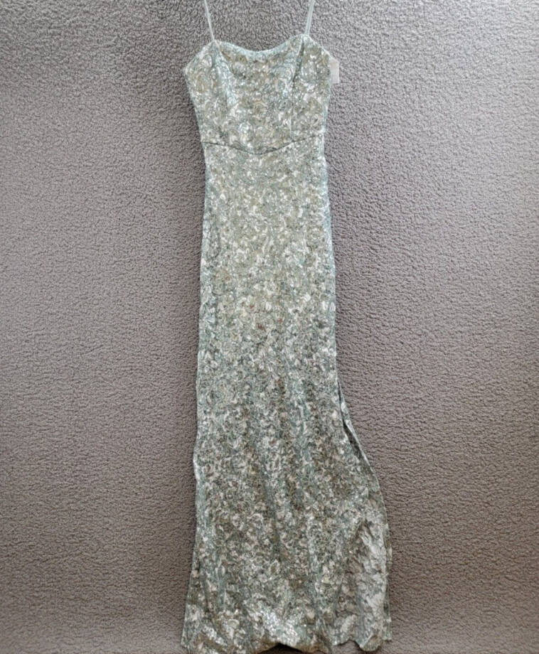 Emerald Sundae Sequined Lace Side-Slit Gown Juniors' S Sage Straight Neck Zipped