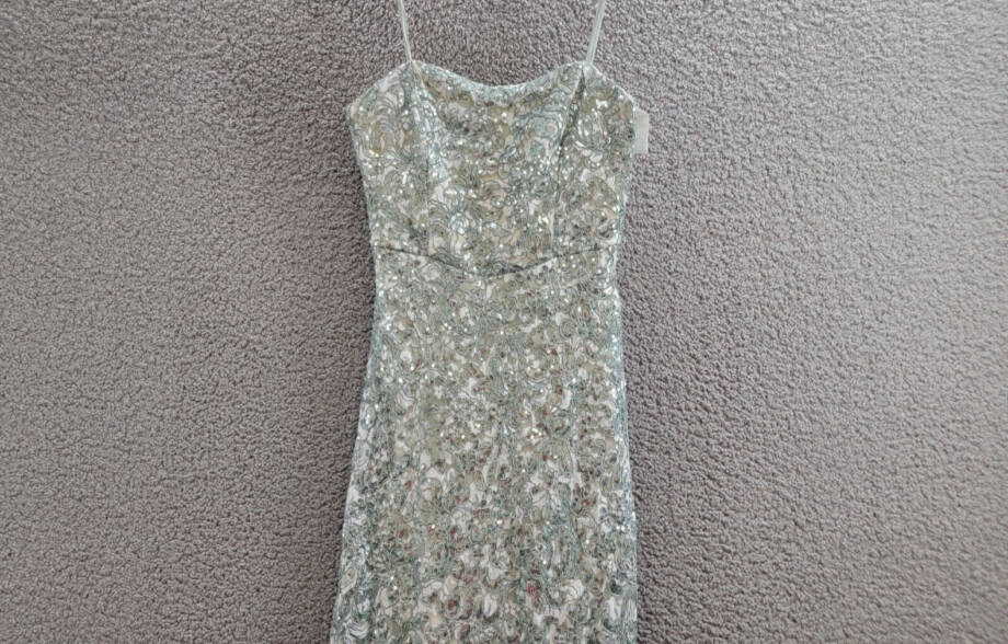 Emerald Sundae Sequined Lace Side-Slit Gown Juniors' S Sage Straight Neck Zipped