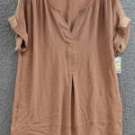 Charter Club Roll-tab Split-neck Top Women's M Iced Latte Pullover Short Sleeves