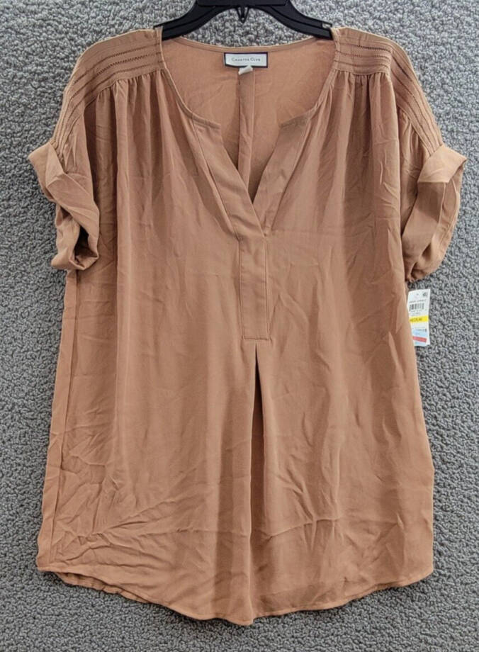 Charter Club Roll-tab Split-neck Top Women's M Iced Latte Pullover Short Sleeves