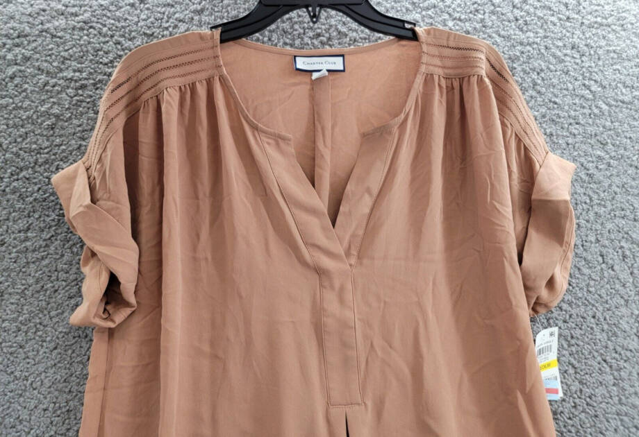 Charter Club Roll-tab Split-neck Top Women's M Iced Latte Pullover Short Sleeves