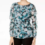 Charter Club Floral-Print Ruffled-Sleeve Mesh Top Women's S Dusty Teal Combo L/S