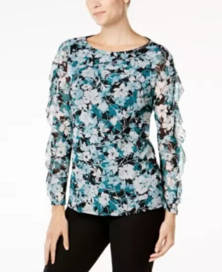 Charter Club Floral-Print Ruffled-Sleeve Mesh Top Women's S Dusty Teal Combo L/S