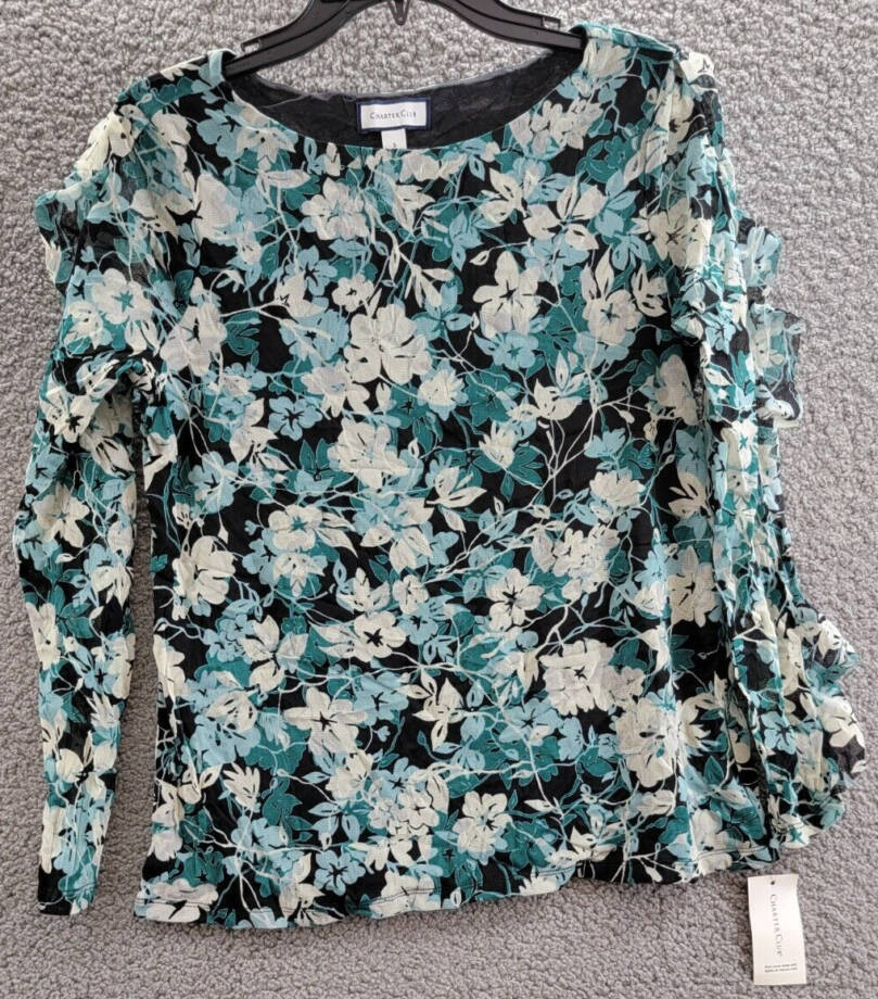 Charter Club Floral-Print Ruffled-Sleeve Mesh Top Women's S Dusty Teal Combo L/S