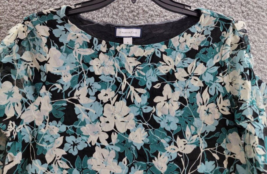 Charter Club Floral-Print Ruffled-Sleeve Mesh Top Women's S Dusty Teal Combo L/S