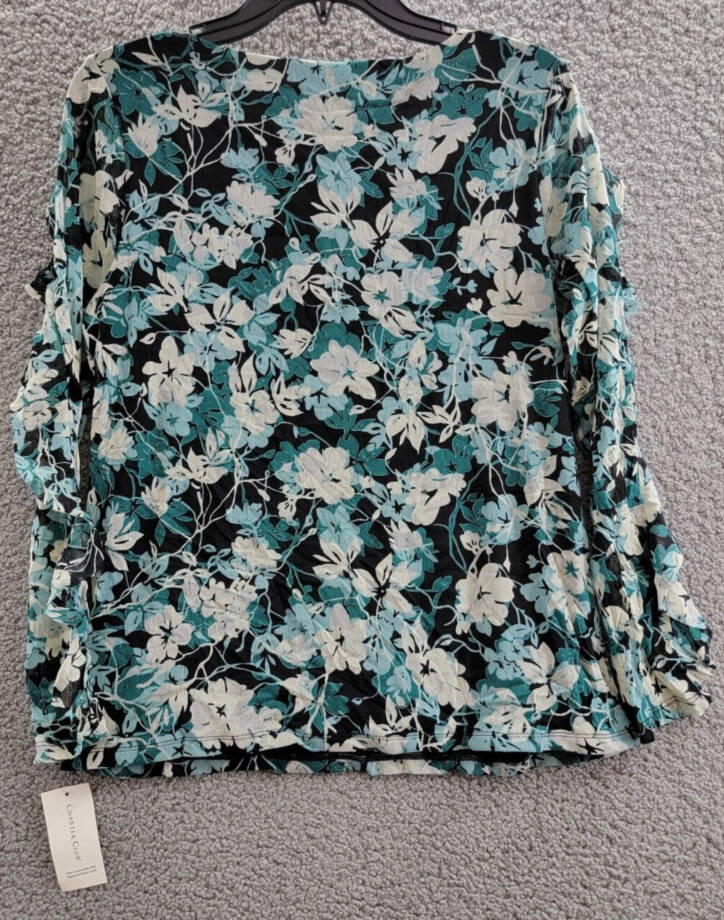 Charter Club Floral-Print Ruffled-Sleeve Mesh Top Women's S Dusty Teal Combo L/S