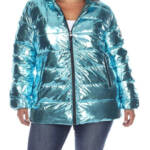 White Mark Metallic Puffer Coat With Hoodie Women's 3XL Mint Side Slip Pockets