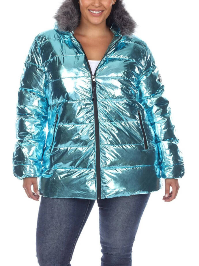 White Mark Metallic Puffer Coat With Hoodie Women's 3XL Mint Side Slip Pockets