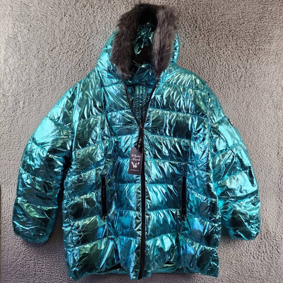 White Mark Metallic Puffer Coat With Hoodie Women's 3XL Mint Side Slip Pockets