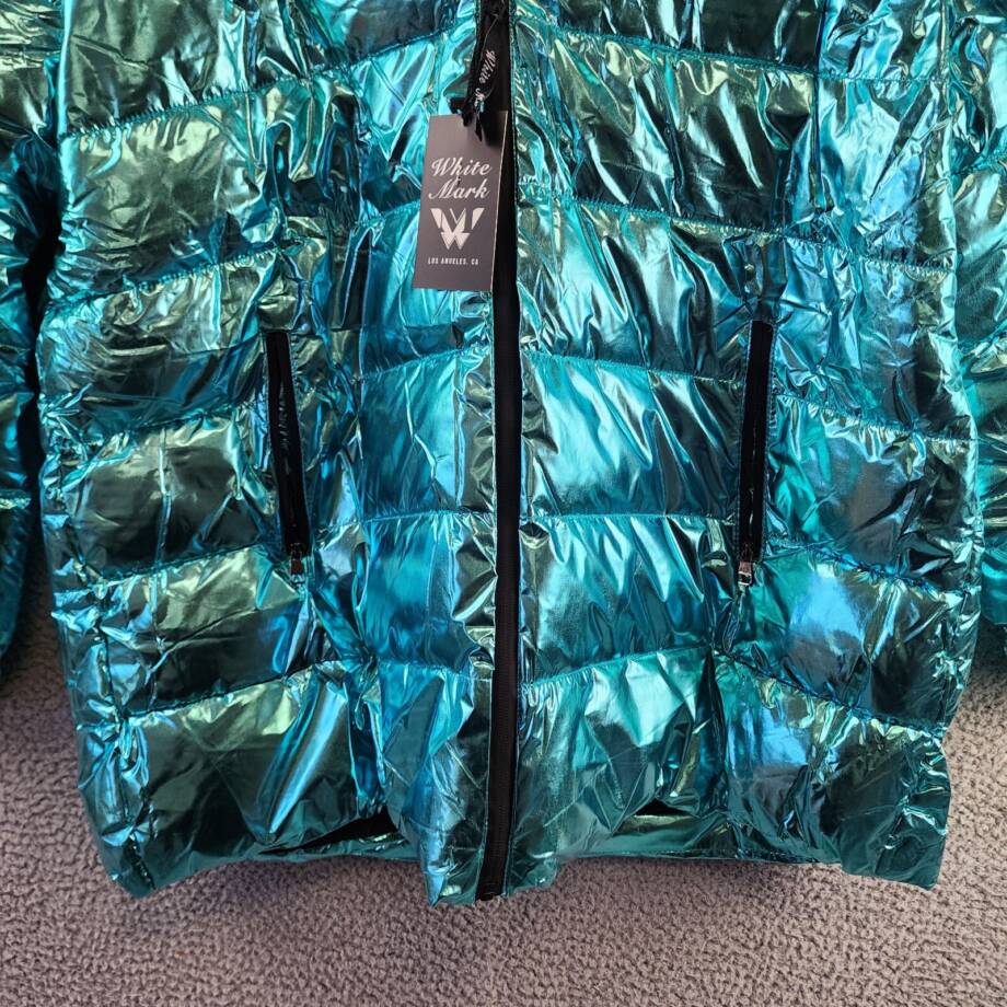 White Mark Metallic Puffer Coat With Hoodie Women's 3XL Mint Side Slip Pockets