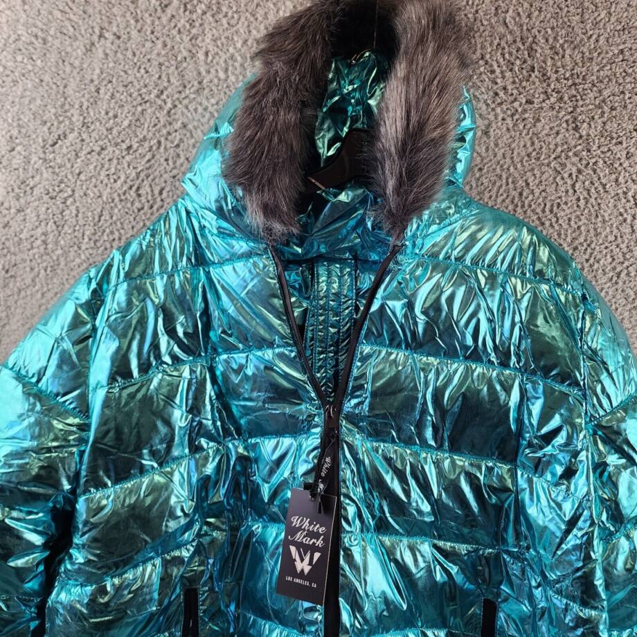 White Mark Metallic Puffer Coat With Hoodie Women's 3XL Mint Side Slip Pockets