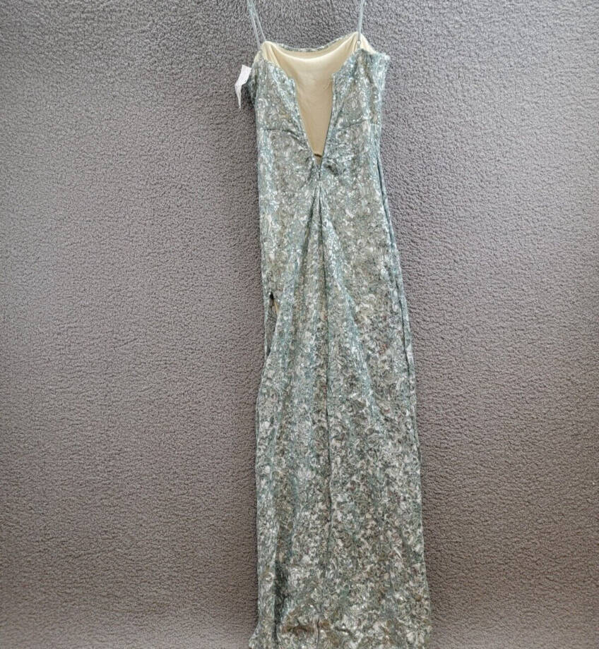 Emerald Sundae Sequined Lace Side-Slit Gown Juniors' S Sage Straight Neck Zipped