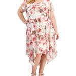 Robbie Bee Plus Floral Flutter-Sleeve Hankie-Hem Dress Women's 22W Cream/Rose