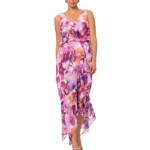 X by XSCAPE Floral Blouson Midi Dress Women's 6 Multi V-Neck Back Zip Closure