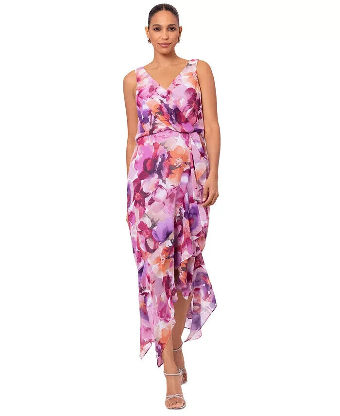 X by XSCAPE Floral Blouson Midi Dress Women's 6 Multi V-Neck Back Zip Closure