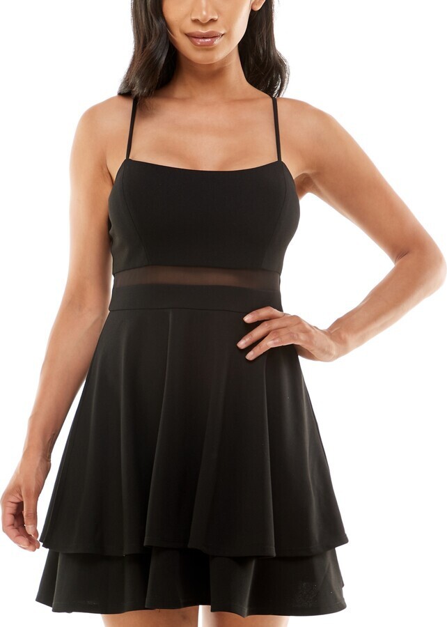 Emerald Sundae Illusion-Waist A-Line Dress Juniors' XS Black Scoop Neck Back Zip