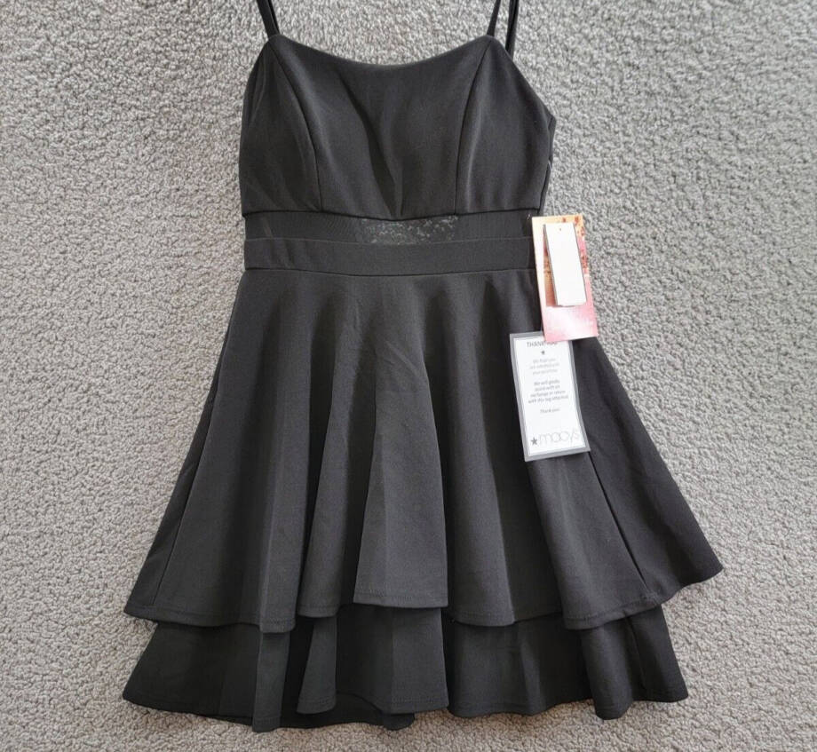 Emerald Sundae Illusion-Waist A-Line Dress Juniors' XS Black Scoop Neck Back Zip