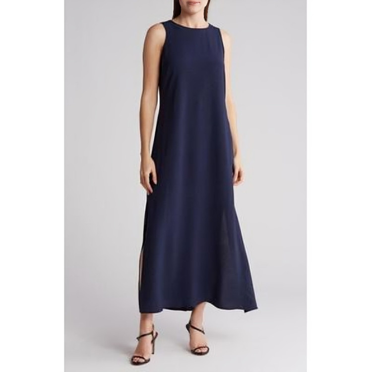MSK Round-Neck Sleeveless Side-Slit Maxi Dress Women's M Navy Keyhole Button