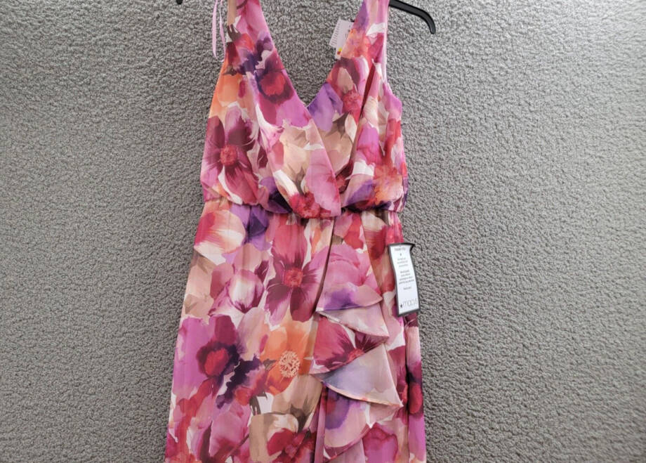 X by XSCAPE Floral Blouson Midi Dress Women's 6 Multi V-Neck Back Zip Closure