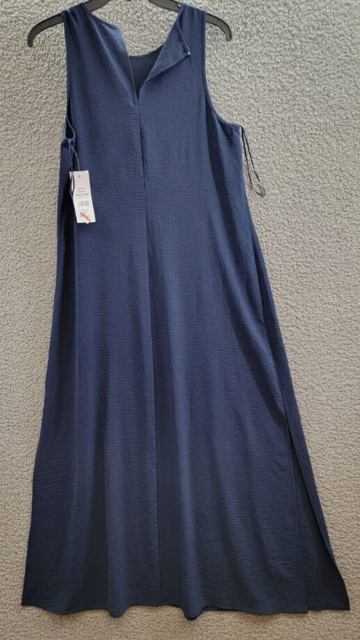 MSK Round-Neck Sleeveless Side-Slit Maxi Dress Women's M Navy Keyhole Button