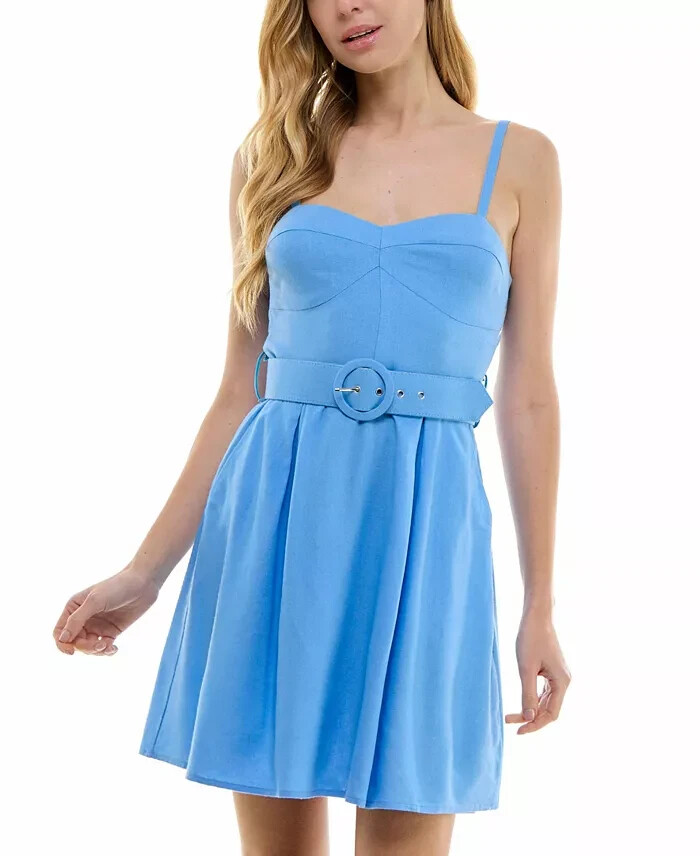 City Studio Linen Blend Belted Fit & Flare Dress Juniors XXS Cornflower Pullover