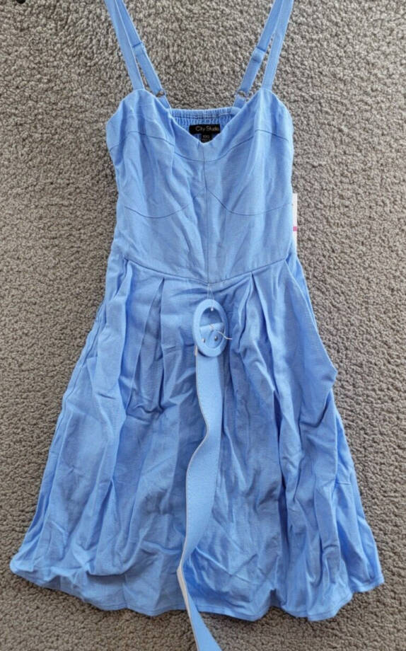 City Studio Linen Blend Belted Fit & Flare Dress Juniors XXS Cornflower Pullover