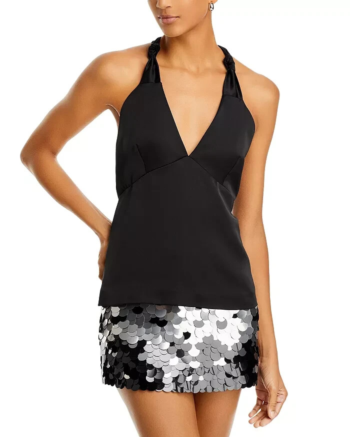 Aqua Satin Knotted Halter Top Women's M Black Sleeveless Racerback Zip Closure