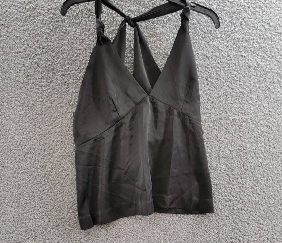 Aqua Satin Knotted Halter Top Women's M Black Sleeveless Racerback Zip Closure