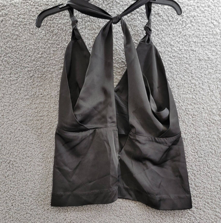 Aqua Satin Knotted Halter Top Women's M Black Sleeveless Racerback Zip Closure