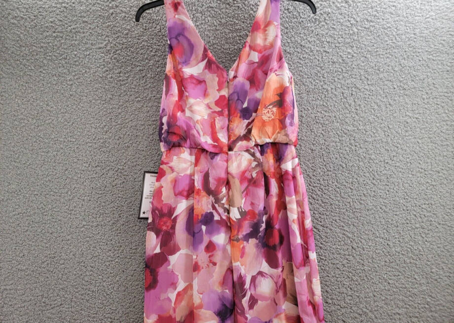 X by XSCAPE Floral Blouson Midi Dress Women's 6 Multi V-Neck Back Zip Closure