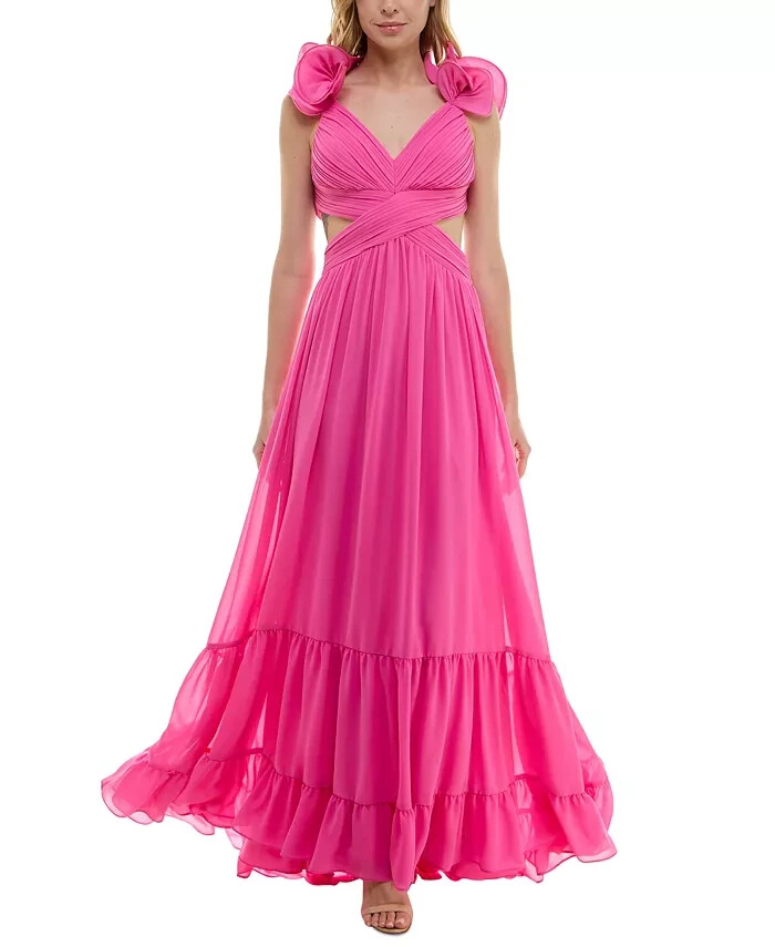 B Darlin Ruffled Lace-Up-Back Gown Juniors' 11/12 Bubblegum V-Neck Zip Closure