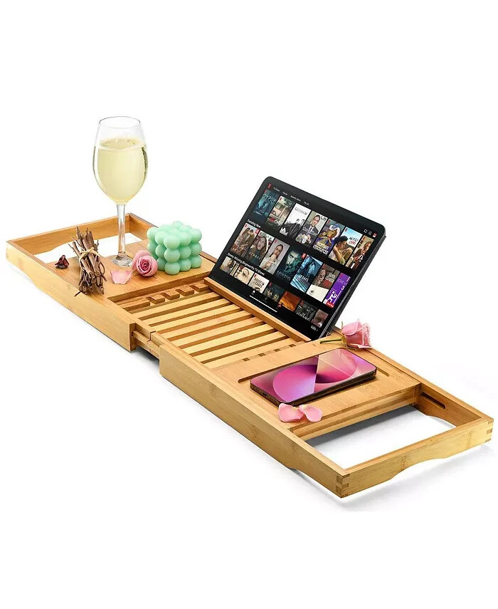 Homeitusa Wooden Bamboo Bathtub Tray Caddy Foldable Waterproof