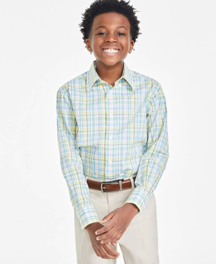 B by Brooks Brothers Classic Fit Long Sleeve Dress Shirt Boys 16 Yellow/Blue
