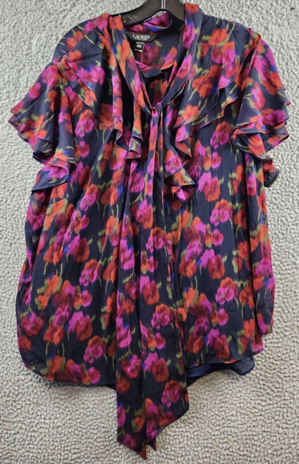 Ralph Lauren Flutter Sleeve Tie Neck Blouse Women's 2X Blue Multi Button Front~