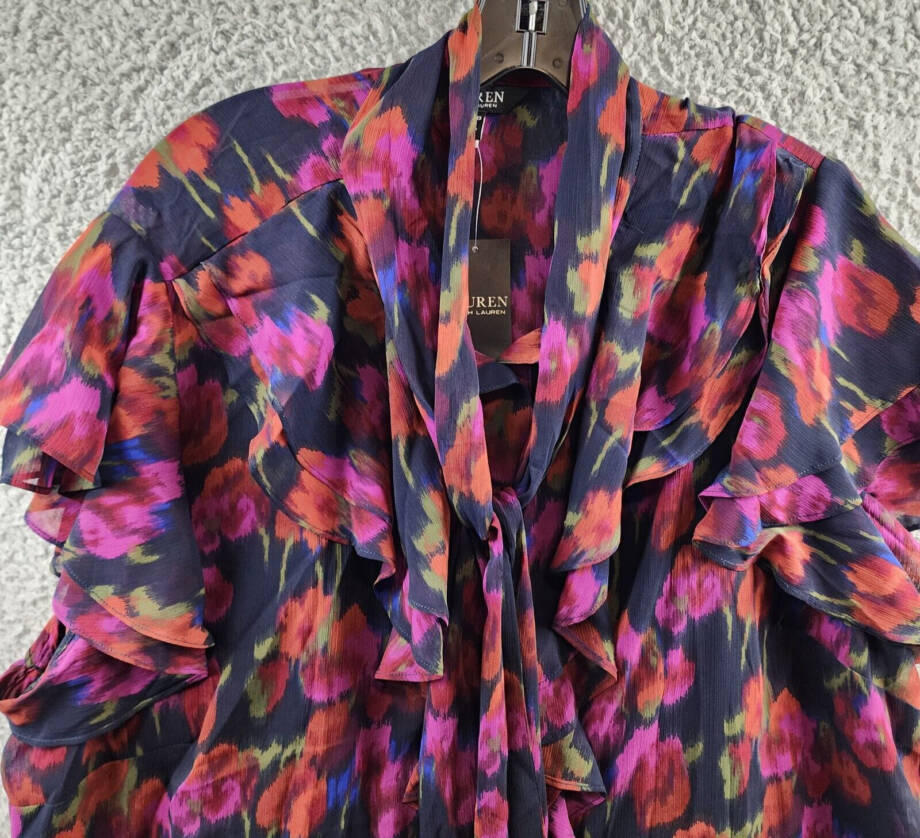 Ralph Lauren Flutter Sleeve Tie Neck Blouse Women's 2X Blue Multi Button Front~